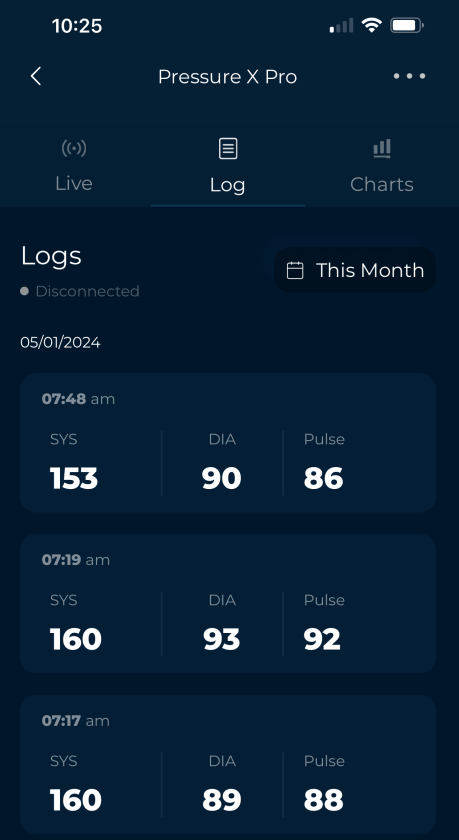 Oxiline Pressure X Pro readings log on app.