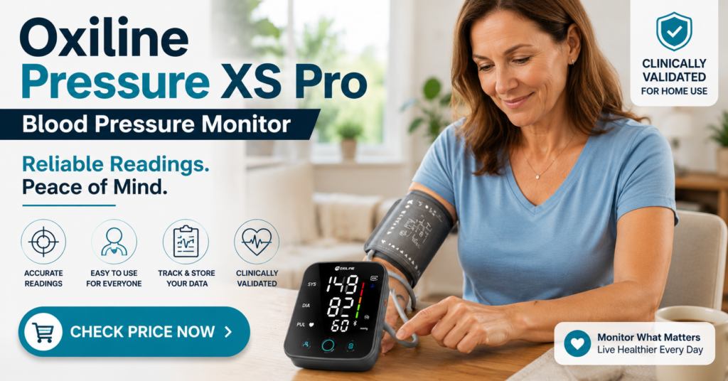 Woman using the Oxiline Pressure XS Pro blood pressure monitor at home with a check price CTA, highlighting reliable readings, easy use, and home blood pressure tracking.