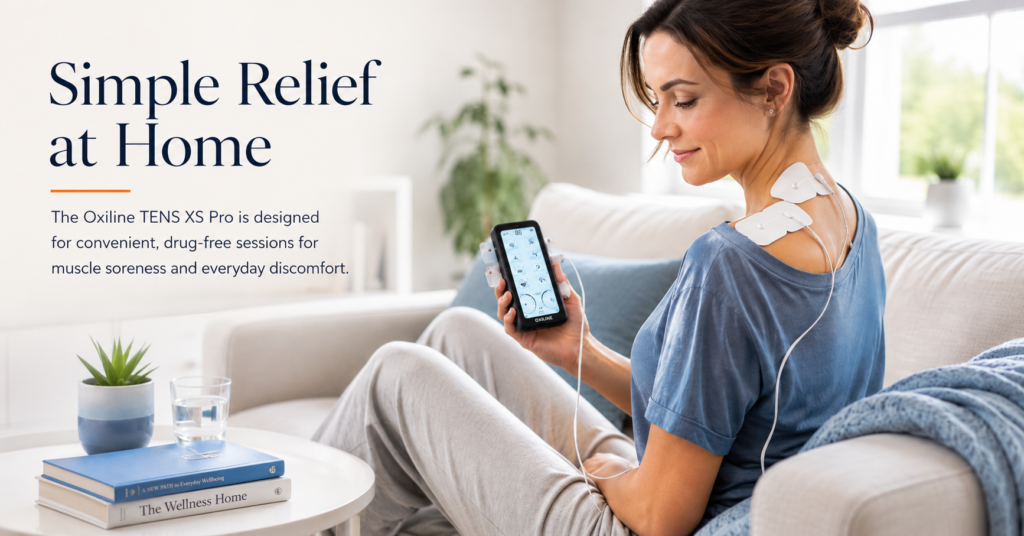 Woman using the Oxiline TENS XS Pro at home with electrode pads on her shoulder for simple, drug-free muscle soreness and pain relief.