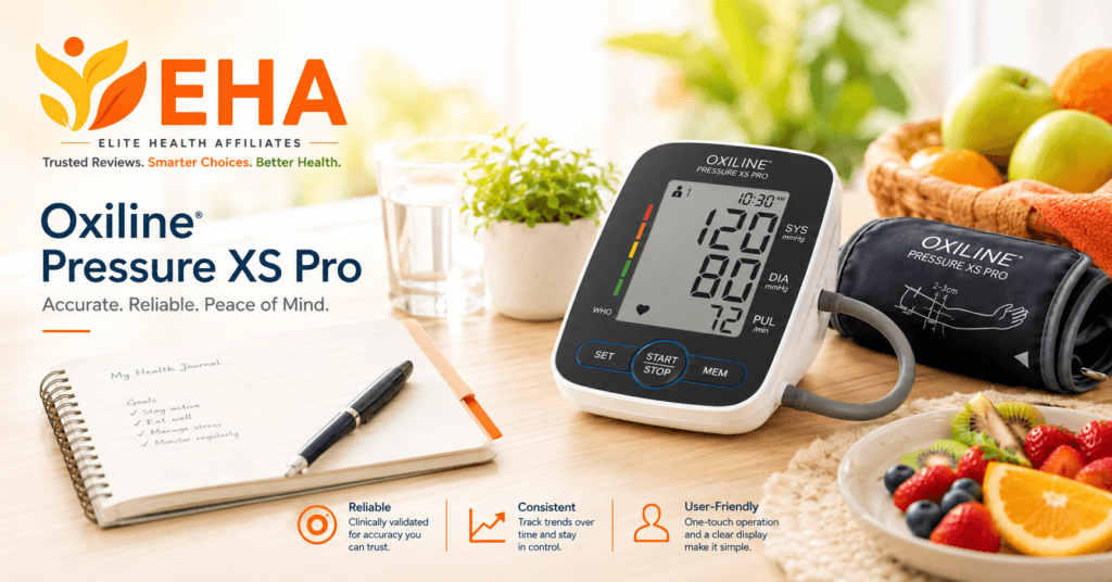 Oxiline Pressure XS Pro blood pressure monitor with cuff on a bright home table, featuring EHA branding, reliable tracking callouts, and healthy lifestyle elements.