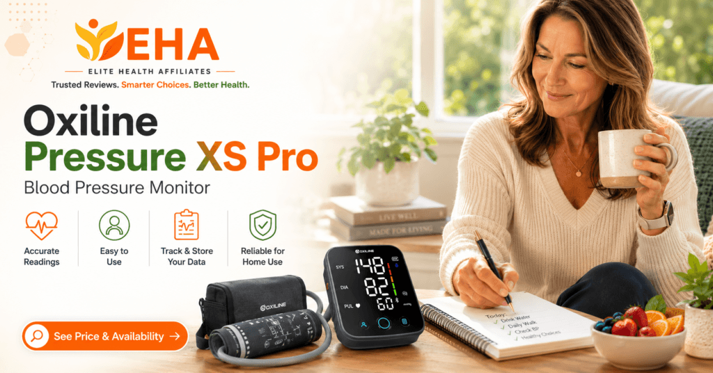 Woman using a notebook beside the Oxiline Pressure XS Pro blood pressure monitor, with EHA branding, home tracking features, and a see price and availability CTA.
