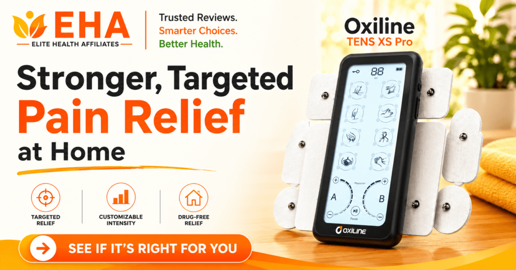 EHA-branded Oxiline TENS XS Pro image showing a portable TENS/EMS device with electrode pads arranged behind it, highlighting targeted pain relief, customizable intensity, and drug-free recovery in a bright, clean home setting.