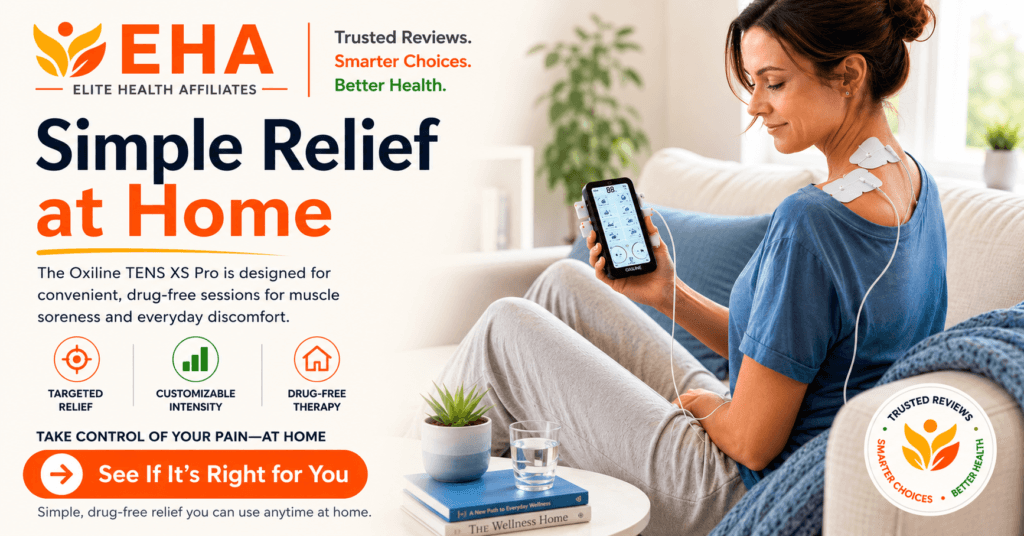 EHA-branded image of a woman relaxing on a couch while using the Oxiline TENS XS Pro on her shoulder, highlighting simple, drug-free pain relief at home with a clean, bright wellness-focused design.