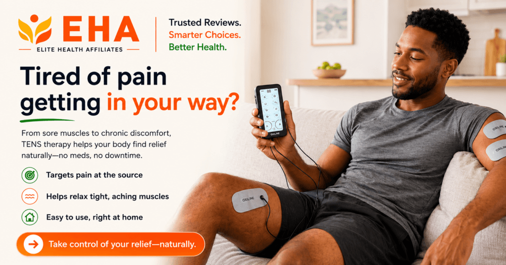 EHA-branded image of a man relaxing on a couch while using the Oxiline TENS XS Pro on his arm and leg, highlighting targeted, drug-free pain relief at home in a bright, clean wellness setting.