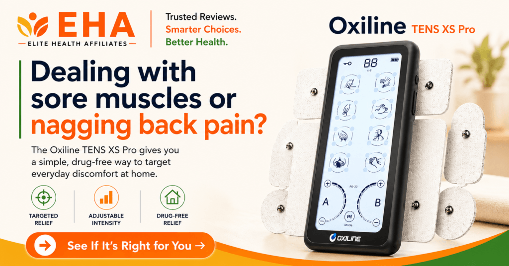 EHA-branded image of the Oxiline TENS XS Pro device with electrode pads, promoting targeted, adjustable, drug-free relief for sore muscles and back pain in a bright, clean home-style setting.