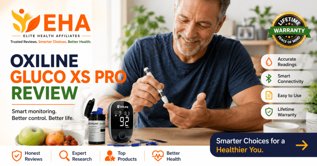 A man checks his blood sugar at home using the Oxiline Gluco XS Pro smart glucose meter in a bright kitchen, highlighting easy daily glucose monitoring and healthy lifestyle management.