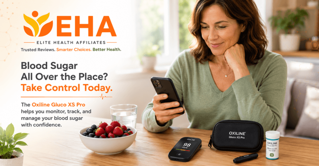 Woman reviewing her blood sugar results on her smartphone with the Oxiline Gluco XS Pro glucose meter on the table, illustrating smarter diabetes management at home.