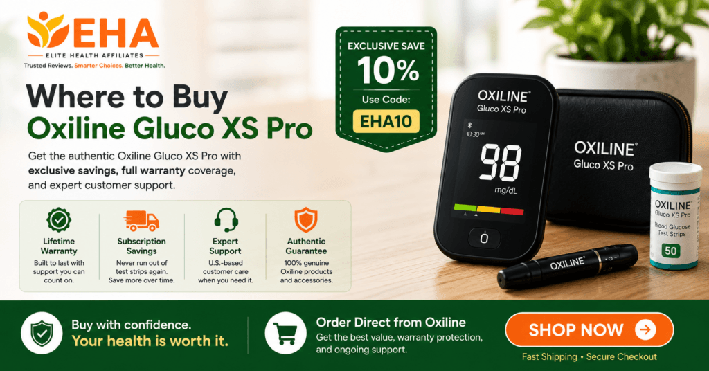 Oxiline Gluco XS Pro blood glucose meter and testing supplies with Elite Health Affiliates branding, highlighting where to buy, exclusive savings, lifetime warranty, and trusted customer support.