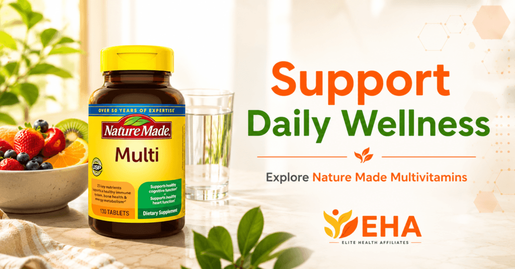 Nature Made Multi bottle beside fresh fruit and a glass of water with text encouraging daily wellness support