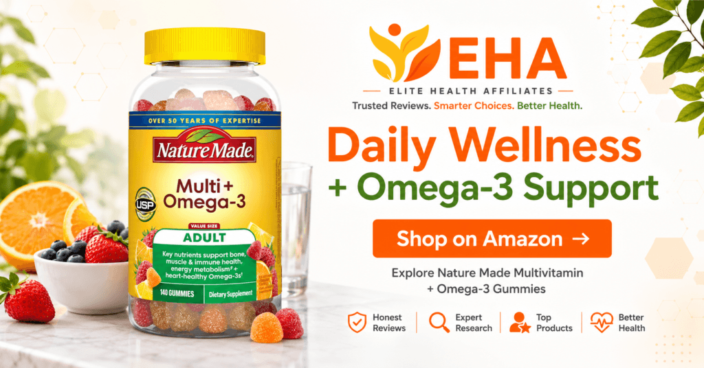 Nature Made Multi + Omega-3 adult gummies beside fresh fruit and water with a Shop on Amazon call to action.
