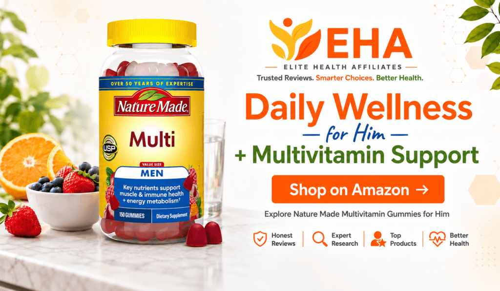 Nature Made Multi gummies for men beside fresh fruit and water with Daily Wellness for Him messaging and a Shop on Amazon call to action.