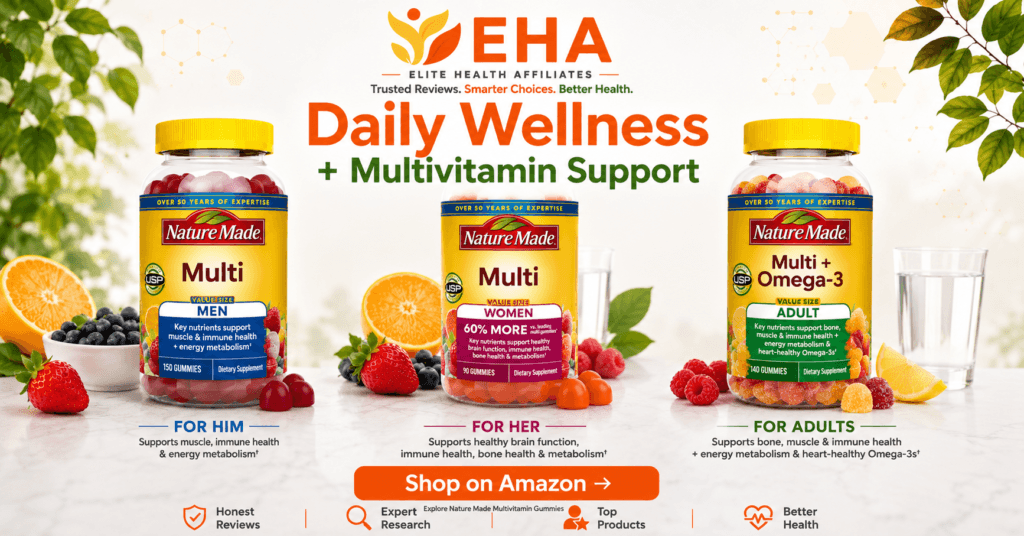 Nature Made multivitamin gummies for men, women, and adults displayed with fresh fruit and a Shop on Amazon call to action