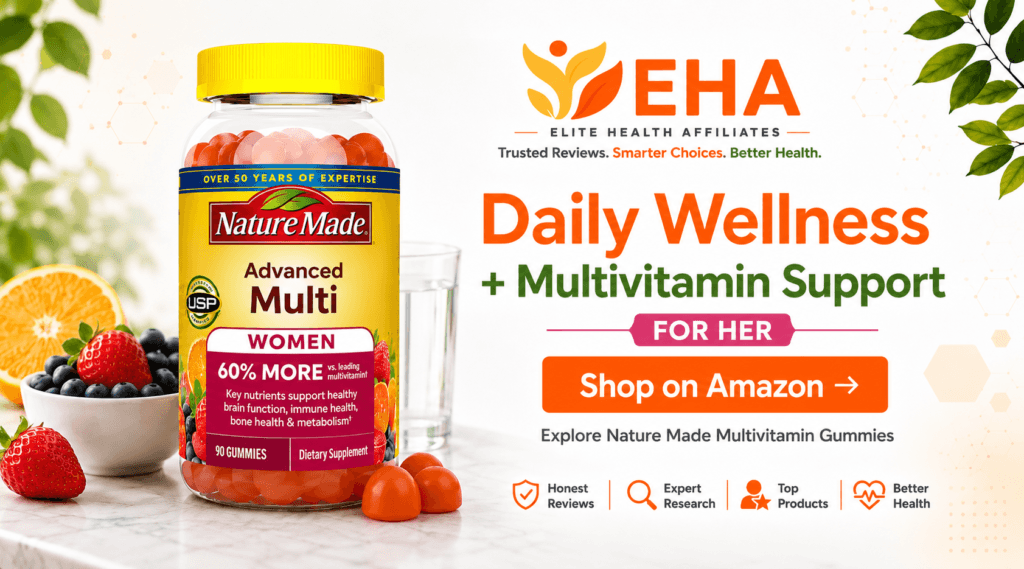Nature Made Advanced Multi gummies for women beside fresh fruit and water with Daily Wellness for Her messaging and a Shop on Amazon call to action.