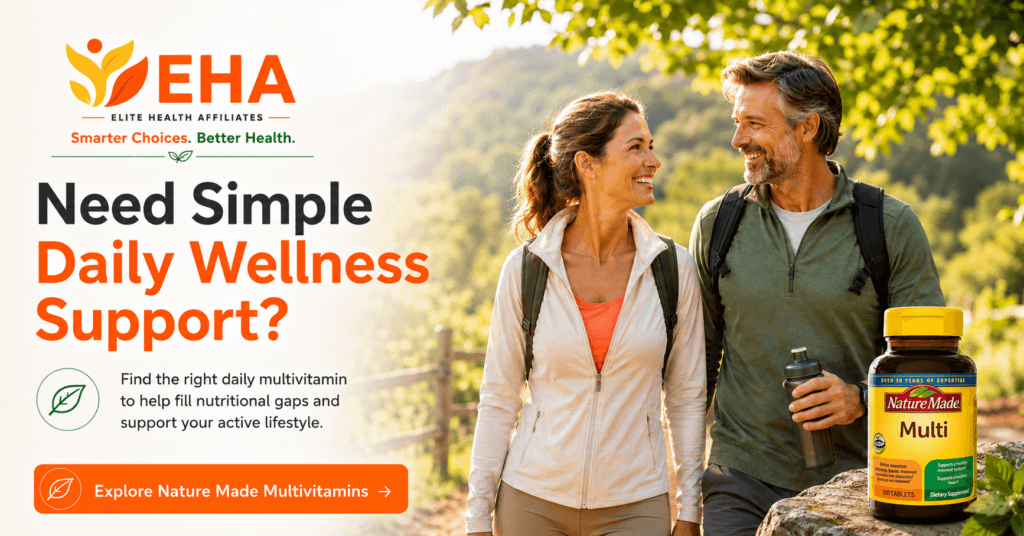Smiling couple hiking outdoors beside a Nature Made Multi bottle with a problem-solving daily wellness message and orange call-to-action button.