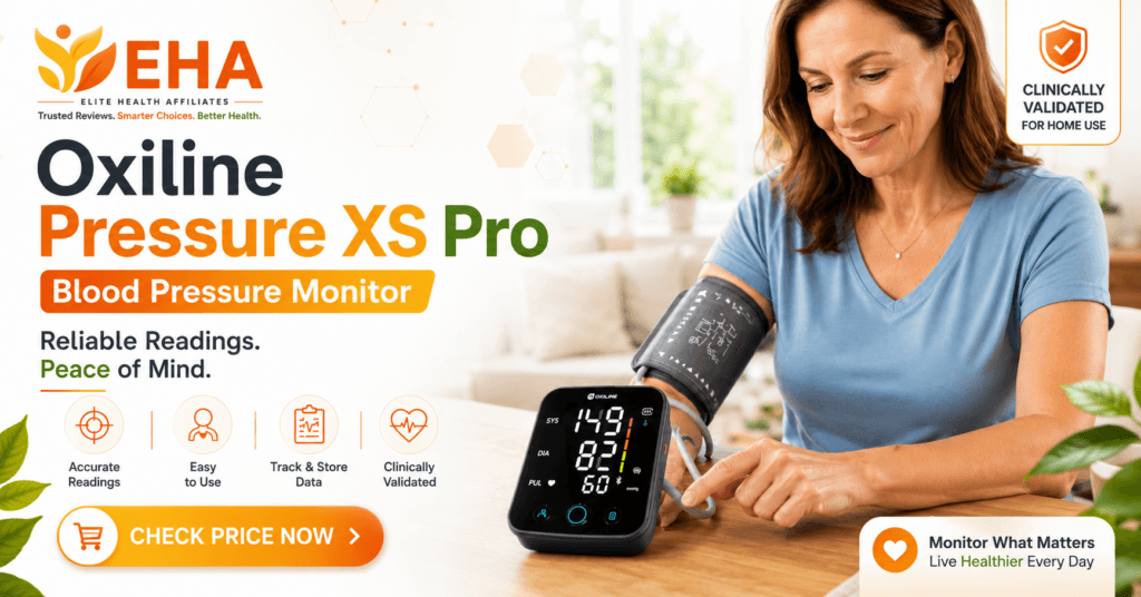 Woman using the Oxiline Pressure XS Pro blood pressure monitor at home in an Elite Health Affiliates branded product image