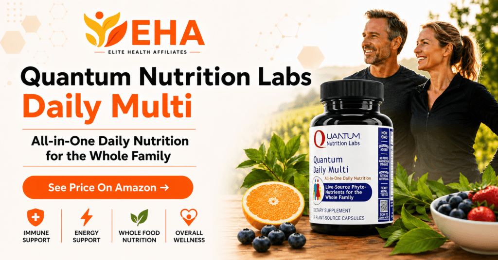 Quantum Nutrition Labs Daily Multi bottle with a healthy couple, fruit, and EHA branding highlighting all-in-one daily nutrition for the whole family