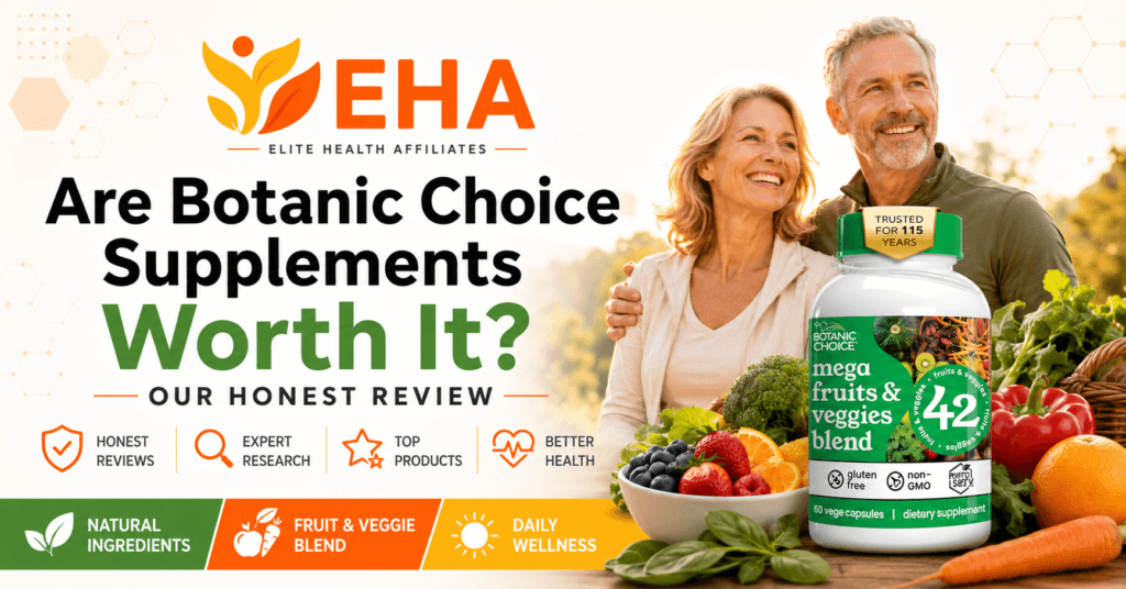 Botanic Choice Mega Fruits and Veggies Blend with a healthy couple, fresh produce, and EHA branding for an honest supplement review