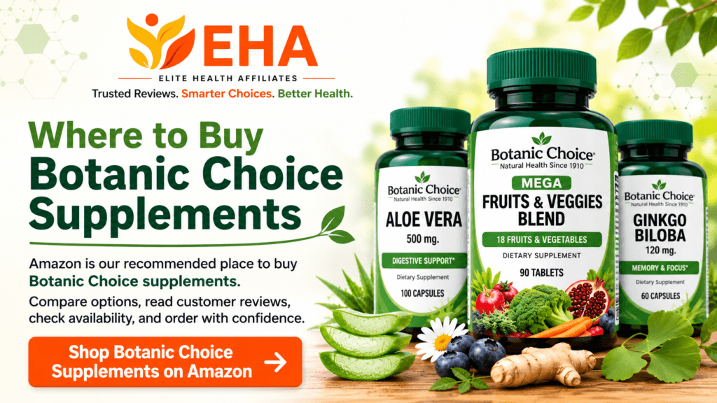 Botanic Choice supplements displayed with aloe, fruit, and herbs in an EHA-branded image highlighting convenient Amazon shopping