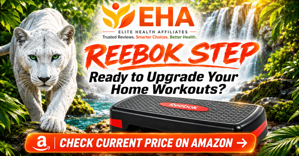 Reebok Step adjustable workout platform with EHA branding and Amazon buying CTA