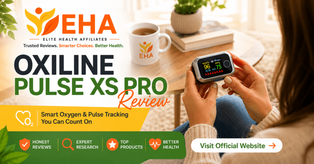 Oxiline Pulse XS Pro smart pulse oximeter review image showing fingertip oxygen and pulse tracking with Elite Health Affiliates branding.