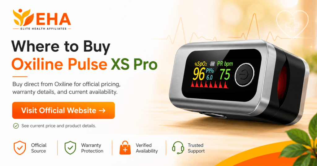 Oxiline Pulse XS Pro where to buy image showing the smart pulse oximeter with Elite Health Affiliates branding and official website CTA.