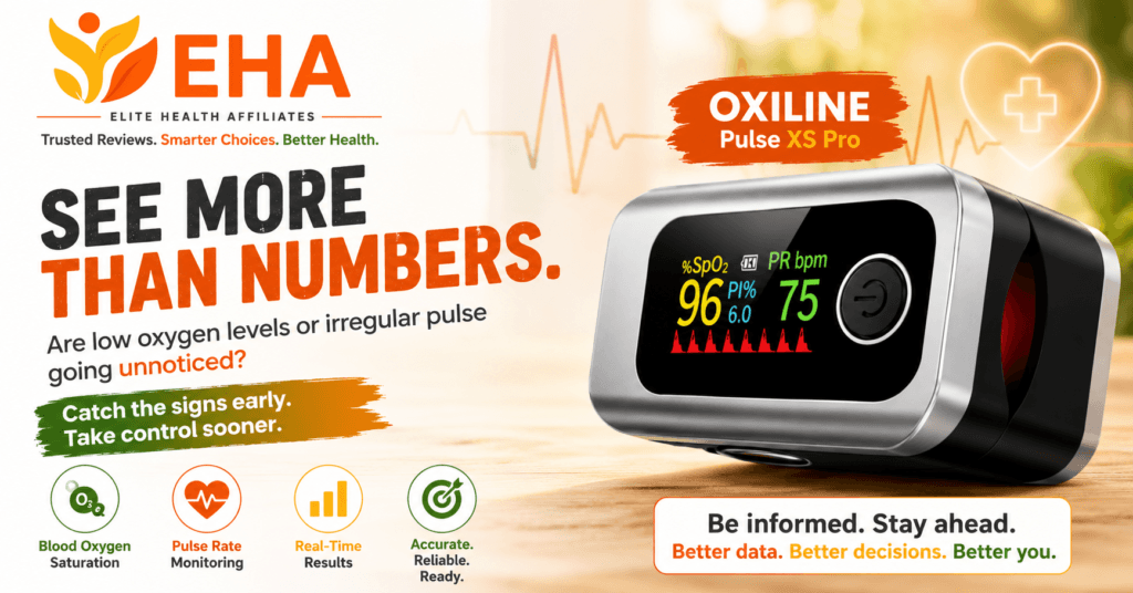 Oxiline Pulse XS Pro smart pulse oximeter image showing blood oxygen and pulse tracking with Elite Health Affiliates branding.