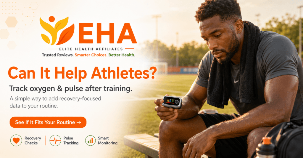 Athlete sitting on a bench near a football field holding the Oxiline Pulse XS Pro after training with Elite Health Affiliates branding.