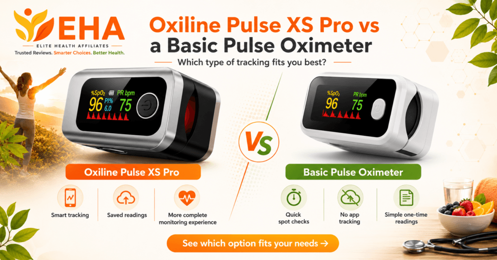 Oxiline Pulse XS Pro vs basic pulse oximeter comparison image showing smart tracking, saved readings, and simple one-time oxygen checks.