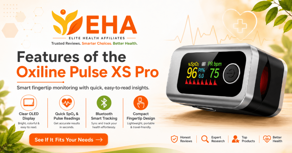 Oxiline Pulse XS Pro features image showing smart fingertip oxygen and pulse tracking with OLED display, Bluetooth tracking, and Elite Health Affiliates branding.