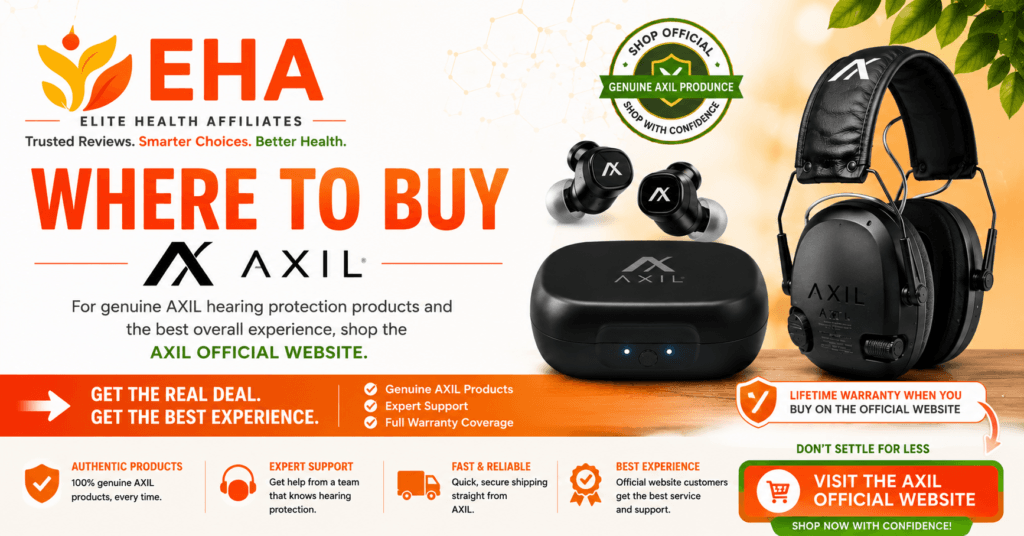 EHA branded "Where to Buy AXIL" graphic featuring AXIL hearing protection earbuds and electronic earmuffs with a strong call-to-action encouraging shoppers to visit the official AXIL website for genuine products, full warranty coverage, expert support, and the best buying experience.