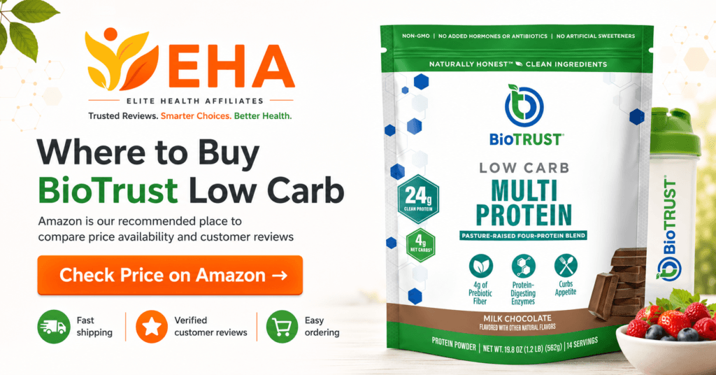 BioTrust Low Carb Multi Protein pouch with shaker bottle, berries, and EHA branding promoting Amazon as the recommended place to buy