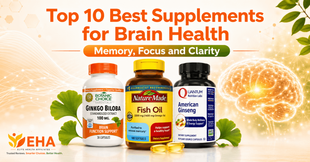 Top 10 best supplements for brain health featuring ginkgo biloba, fish oil, and American ginseng with EHA branding.