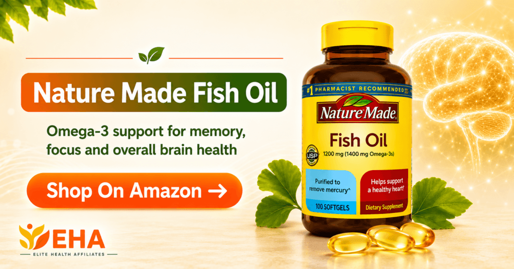 Nature Made Fish Oil promotional image with EHA branding, highlighting omega-3 support for memory, focus, and overall brain health with an Amazon call-to-action button.