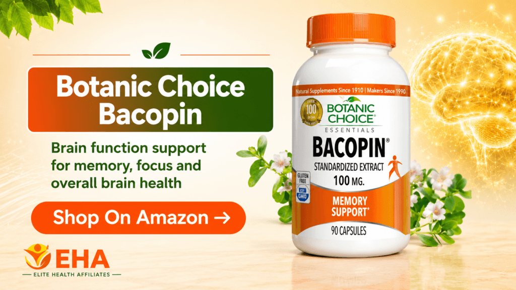 Botanic Choice Bacopin promotional image with EHA branding, highlighting brain function support for memory, focus, and overall brain health with an Amazon call-to-action button.