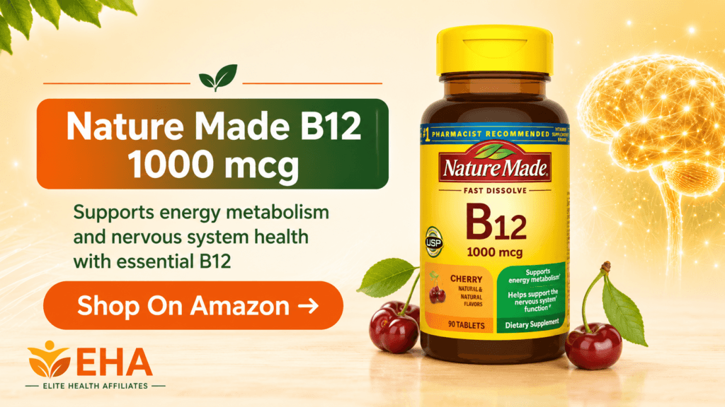 Nature Made B12 1000 mcg promotional image with EHA branding, highlighting support for energy metabolism and nervous system health with an Amazon call-to-action button.