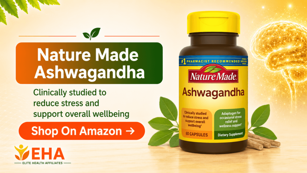 Nature Made Ashwagandha promotional image with EHA branding, highlighting clinically studied stress relief and overall wellness support with an Amazon call-to-action button.