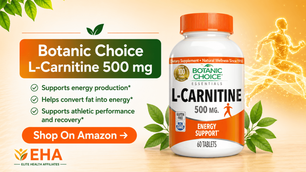 Botanic Choice L-Carnitine 500 mg promotional image with EHA branding, highlighting energy production, fat metabolism, and athletic performance support with an Amazon call-to-action button.