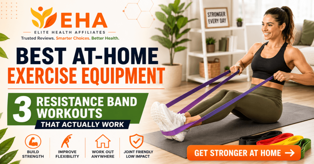 Woman performing a seated resistance band workout at home for strength, flexibility, and low-impact exercise.