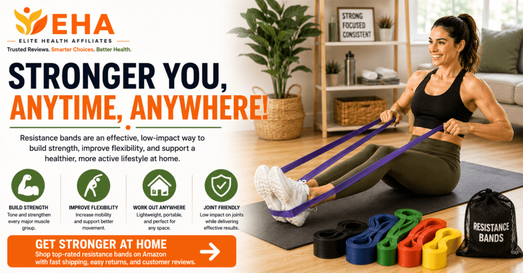 Woman performing a seated resistance band workout at home beside a set of colorful exercise bands, highlighting strength, flexibility, portability, and low-impact exercise.