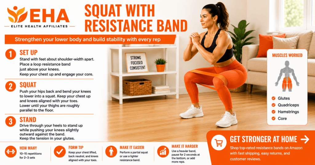 Woman performing a squat with a loop resistance band above her knees at home, with step-by-step instructions, muscles worked, form tips, and an EHA-branded Amazon call to action.