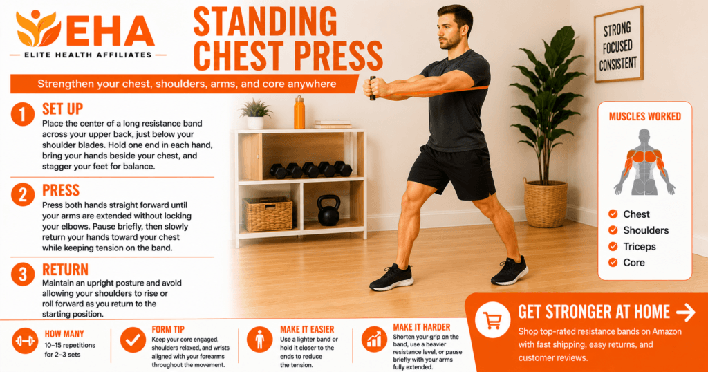 Man performing a standing chest press with a resistance band wrapped around his upper back, with step-by-step instructions, muscles worked, form tips, and an EHA-branded Amazon call to action.