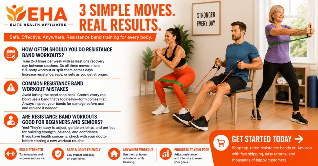 Three people demonstrating resistance band exercises at home, including a resistance band squat, a seated row, and a standing chest press, with EHA-branded workout tips, beginner guidance, and an Amazon call to action.