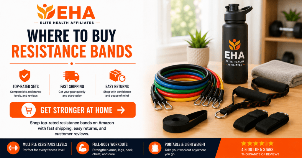 EHA-branded water bottle beside a complete resistance band set with handles and accessories, promoting top-rated resistance bands available on Amazon