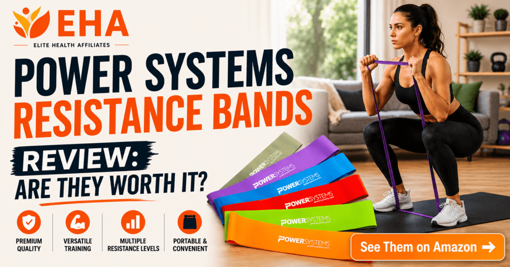 Woman performing a resistance band squat at home beside Power Systems resistance bands, highlighting our hands-on review of their durability, versatility, and multiple resistance levels
