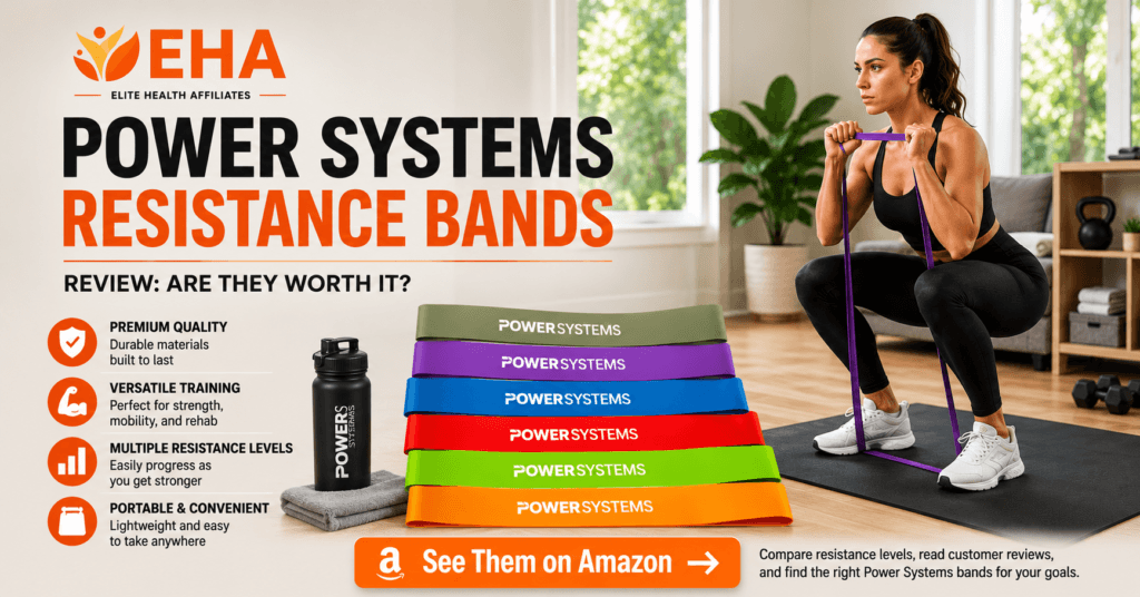 Woman performing a resistance band squat at home using Power Systems resistance bands beside a full set of color-coded bands, highlighting our hands-on review of their durability, versatility, and multiple resistance levels.