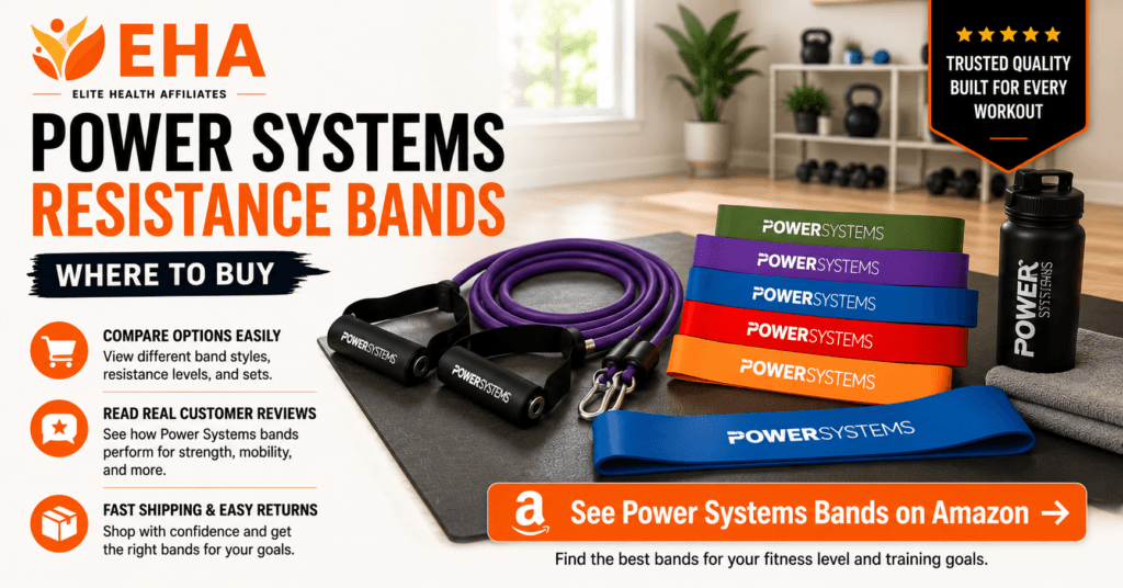 Power Systems resistance bands, Versa-Tubes, loop bands, and flat bands displayed in a home workout space with EHA branding and an Amazon buying call to action