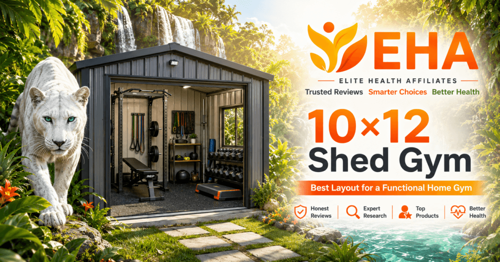 10×12 shed gym with power rack, dumbbells, workout bench, Reebok Step, and EHA white panther branding