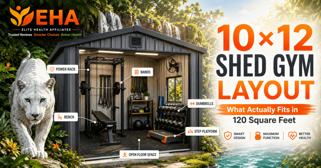 10×12 shed gym layout with power rack, bench, dumbbells, resistance bands, step platform, and open workout space with EHA branding
