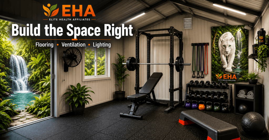 10×12 shed gym with rubber flooring, ventilation fan, LED lighting, power rack, bench, dumbbells, resistance bands, and EHA jungle branding