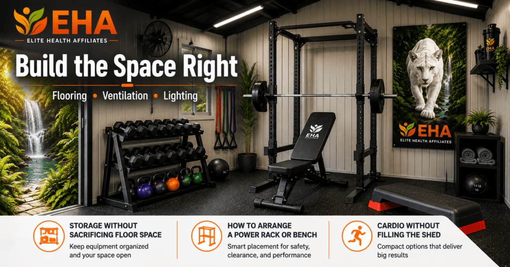 10×12 shed gym with power rack, bench, dumbbells, resistance bands, step platform, rubber flooring, ventilation, and EHA branding